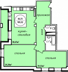 Двухкомнатная квартира 105.52 м²