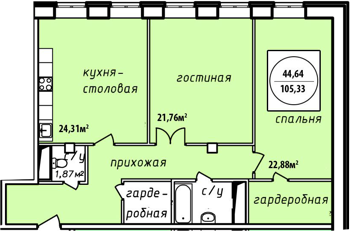 Двухкомнатная квартира 105.3 м²
