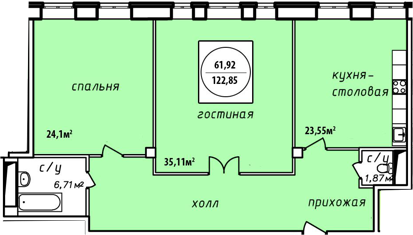 Двухкомнатная квартира 122.85 м²