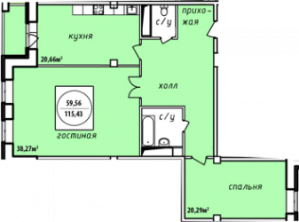 Двухкомнатная квартира 115.43 м²